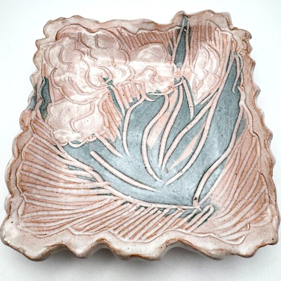 Signed Mcnaughton Handcrafted Ceramic Square Dish Floral Etching Scalloped Edges - Picture 1 of 10